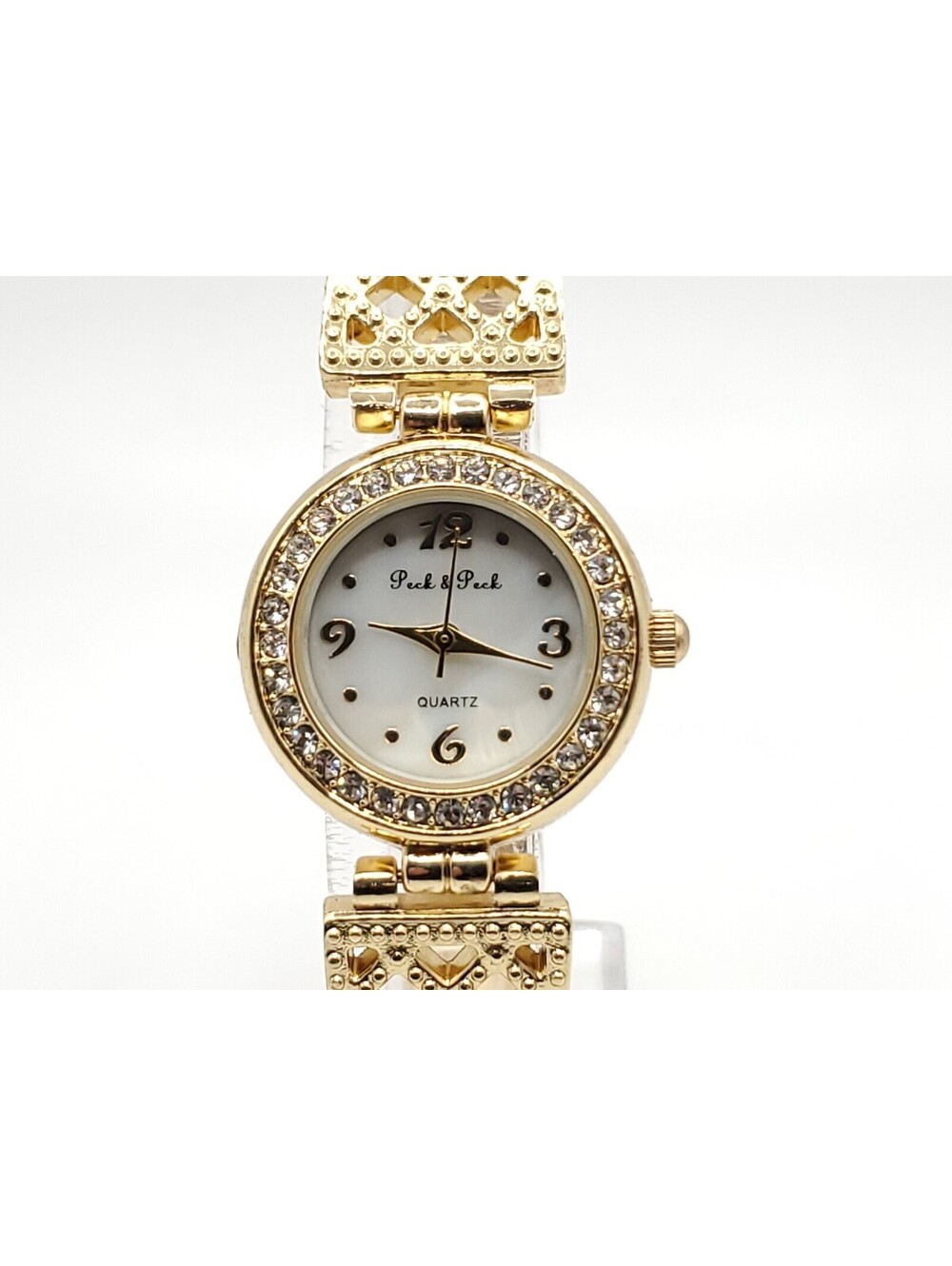 Peck & Peck Quartz Watch Womens New Battery Gold Tone White MOP Round Dial 24mm